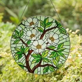 White-Green Flowers Emerald Leaves Deep Brown Branches Tiffany Stained Glass Aqua Mosaic Stained Glass Suncatcher