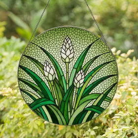 Translucent Stained Glass Emerald Green Sword Leaves Spiky Flower Buds Tiffany Art Stained Glass Suncatcher