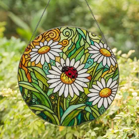 Vibrant Red Ladybug Daisy Flower Garden - Tiffany Stained Glass Style Home Decor Gift Stained Glass Suncatcher