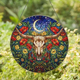 Intricate Longhorn Skull Stained Glass Poppies Moon Starry Night Western Home Decor Gift Stained Glass Suncatcher