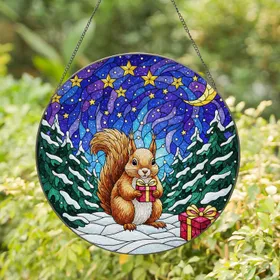 Fluffy Squirrel Gift Box Stained Glass - Winter Forest Night Sky Christmas Holiday Decor Stained Glass Suncatcher
