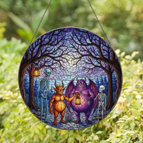 Halloween Monster Zombie Imp Skeleton Stained Glass Trees Moonlit Sky Autumn Fall Decor Stained Glass Suncatcher