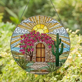 Rustic Wooden Door Bougainvillea Saguaro Cactus Desert Stained Glass Tiffany Art Decor Stained Glass Suncatcher