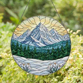 Snow-Capped Mountain Pine Forest Crocus Tiffany Style - Nature Landscape Home Decor Stained Glass Suncatcher