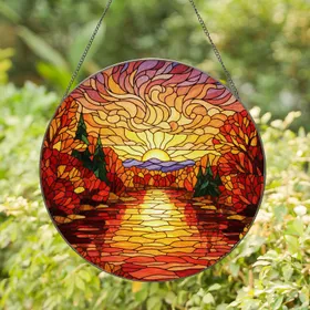 Tiffany Glass Sunset River Lake Fiery Autumn Trees Stained Glass Mosaic - Jewel Tone Fall Decor Stained Glass Suncatcher