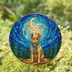 Golden Retriever Stained Glass Tiffany Moon Stars Night Sky Pine Forest Jewel Tones Stained Glass Suncatcher