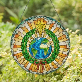 Tiffany Style Stained Glass Earth Globe Laurel Wreath Stars Detailed Jewel Tone Mosaic Stained Glass Suncatcher