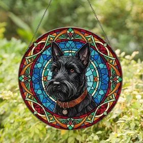 Black Scottish Terrier Dog Portrait - Intricate Stained Glass Tiffany Mosaic Art Stained Glass Suncatcher