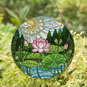 Pink Lotus Flower Tiffany Style Aquatic Forest Geometric Sun Home Decor Gift Stained Glass Suncatcher