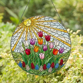 Colorful Intricate Tulips Spring Garden Tiffany-Style Stained Glass Mosaic Sun Landscape Stained Glass Suncatcher