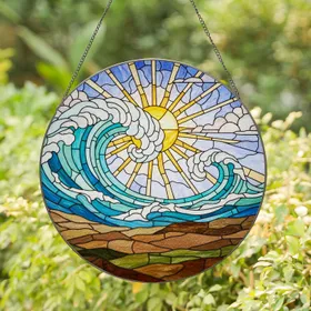 Tiffany Stained Glass Ocean Wave Sun Clouds Seascape Mosaic Coastal Beach Decor Gift Stained Glass Suncatcher