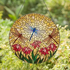Intricate Blue Dragonfly Stained Glass Art with Flowering Plants & Golden Mosaic Stained Glass Suncatcher