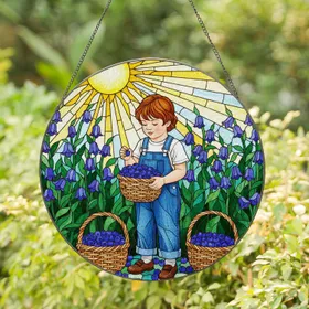 Young Child Picking Blueberries Basket Sun Field Tiffany Stained Glass Art Stained Glass Suncatcher