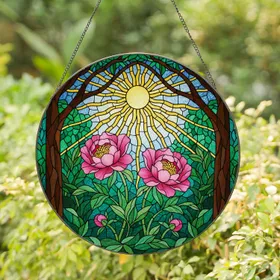 Pink Peony Flowers Tiffany Stained Glass Mosaic - Radiant Sun Forest Canopy Art Decor Glowing Stained Glass Suncatcher