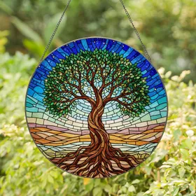 Intricate Tree of Life Stained Glass Style - Mosaic Night Sky Landscape Art Home Decor Gift Stained Glass Suncatcher