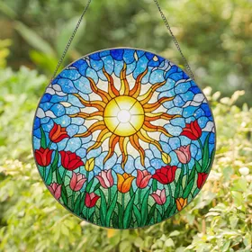 Radiant Sun Stained Glass Garden Art - Blooming Tulips Tiffany Jewel Tones Mosaic Sky Stained Glass Suncatcher