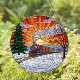 Vintage Steam Locomotive Stained Glass - Tiffany Style Sunset Snow Landscape Pine Tree Art Stained Glass Suncatcher