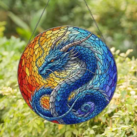 Blue Dragon Stained Glass Art - Menacing Red Eyes, Horns & Spikes, Tiffany Jewel Tones Stained Glass Suncatcher