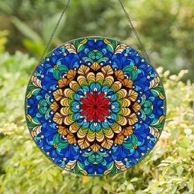Tiffany Style Stained Glass Red Flower Star Mandala Blue Floral Geometric Intricate Mosaic Art Stained Glass Suncatcher