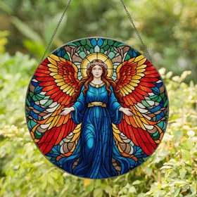 Stained Glass Angel, Fiery Wings, Golden Halo, Deep Blue Robe - Home Decor Gift Stained Glass Suncatcher