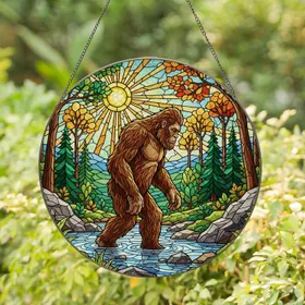 Bigfoot Sasquatch Tiffany Style Stained Glass Forest Stream Nature Sun Landscape Art Stained Glass Suncatcher