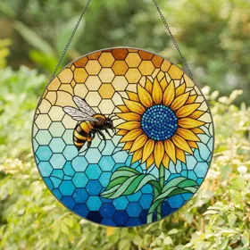 Plump Honeybee Sunflower Stained Glass Honeycomb Mosaic Tiffany Jewel Tone Intricate Art Stained Glass Suncatcher