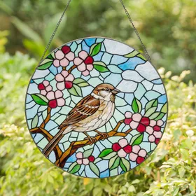 Sparrow Bird Stained Glass Blossoming Tree Pink Flowers Tiffany Style Mosaic Art Stained Glass Suncatcher