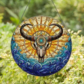 Ornate Bull Skull Tribal Horns Mandala Sunburst Waves Mosaic Stained Glass Decor Stained Glass Suncatcher