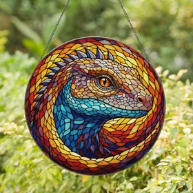 Colorful Intricate Tiffany Style Stained Glass Lizard Head Mosaic Scales Art Decor Stained Glass Suncatcher
