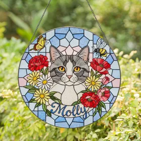 Grey White Cat Molly Name Amber Eyes Butterfly Bee Tiffany Stained Glass Sky Mosaic Art Stained Glass Suncatcher
