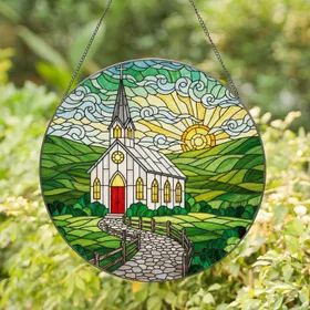 White Country Church Stained Glass Sun Hills Art - Tiffany Style Cross Path Fence Design Stained Glass Suncatcher