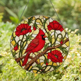 Red Cardinal Poppy Flowers Stained Glass Mosaic Art Tiffany Style Home Decor Stained Glass Suncatcher