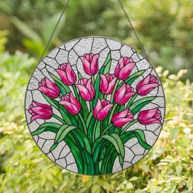 Colorful Blooming Tulips Stained Glass Mosaic - Tiffany Style Jewel Tone Floral Window Decor Stained Glass Suncatcher