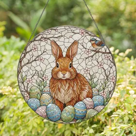 Fluffy Brown Rabbit Easter Eggs Bird Tiffany Stained Glass Spring Home Decor Gift Stained Glass Suncatcher