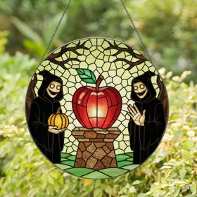 Tiffany Style Red Apple, Dark Hooded Figures, Pumpkin, Gnarled Branches Jewel Tone Stained Glass Suncatcher