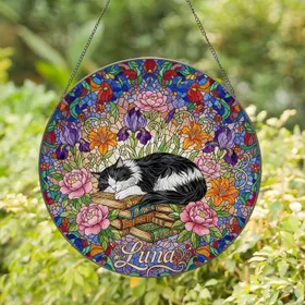 Black White Tuxedo Cat Sleeping Books Pink Purple Orange Flowers Luna - Tiffany Glass Style Stained Glass Suncatcher