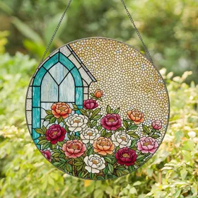 Peonies Roses Garden Stained Glass Arched Window Frame Tiffany Style Gabled Roof Stained Glass Suncatcher