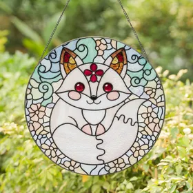 Chubby White Fox Stained Glass, Ruby Jewel Eyes, Crimson Flower, Tiffany Style Art Stained Glass Suncatcher