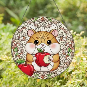 Cartoon Hamster Red Apple Tiffany Stained Glass - Botanical Mosaic Art Decor Stained Glass Suncatcher
