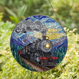 Powerful Steam Locomotive Train Mountain Railway Tiffany Glass Art Radiant Sun Glowing Headlight Stained Glass Suncatcher