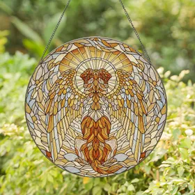 Sitting Dog Angel Wings Tiffany Stained Glass Art - Celestial Feather Halo Decor Stained Glass Suncatcher