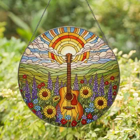 Acoustic Guitar Wildflower Field Tiffany Glass Art - Rising Sun & Rolling Hills Nature Scene Stained Glass Suncatcher
