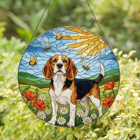 Inquisitive Tricolor Beagle Dog Stained Glass Art with Daisies, Poppies, Bees & Butterflies Stained Glass Suncatcher