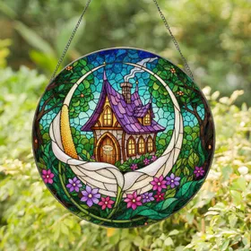 Stained Glass Fairy House Calla Lily Purple Roof - Tiffany Style Garden Mosaic Decor Stained Glass Suncatcher