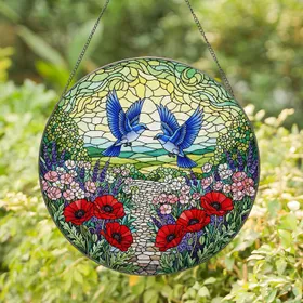 Bluebirds Stained Glass Garden Art - Tiffany Style Poppies & Lavender Floral Gift Stained Glass Suncatcher