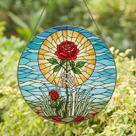 Skeletal Arm Red Rose Stained Glass Art - Tiffany Style Earth Rise Mosaic Sky Design Stained Glass Suncatcher