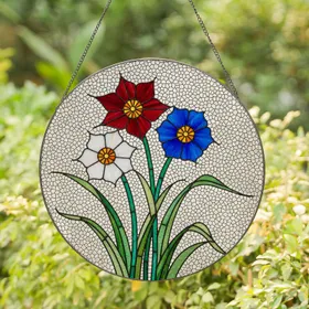 Tiffany Style Stained Glass Jewel Tone Red Blue White Flowers Green Stems Clear Cream Mosaic Stained Glass Suncatcher