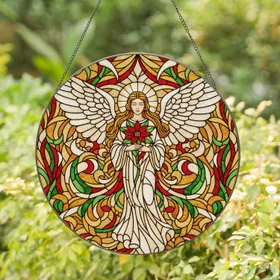 Angel Poinsettia Flower (Ruby Red, Emerald Green) Tiffany Style Translucent Stained Glass Art Stained Glass Suncatcher