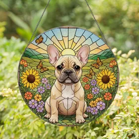 Tiffany Stained Glass French Bulldog Puppy Wildflower Meadow Jewel Tone Gift Stained Glass Suncatcher