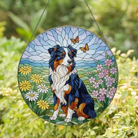 Tri-Color Australian Shepherd Dog Tiffany Stained Glass Flowers Butterflies Mosaic Hills Stained Glass Suncatcher